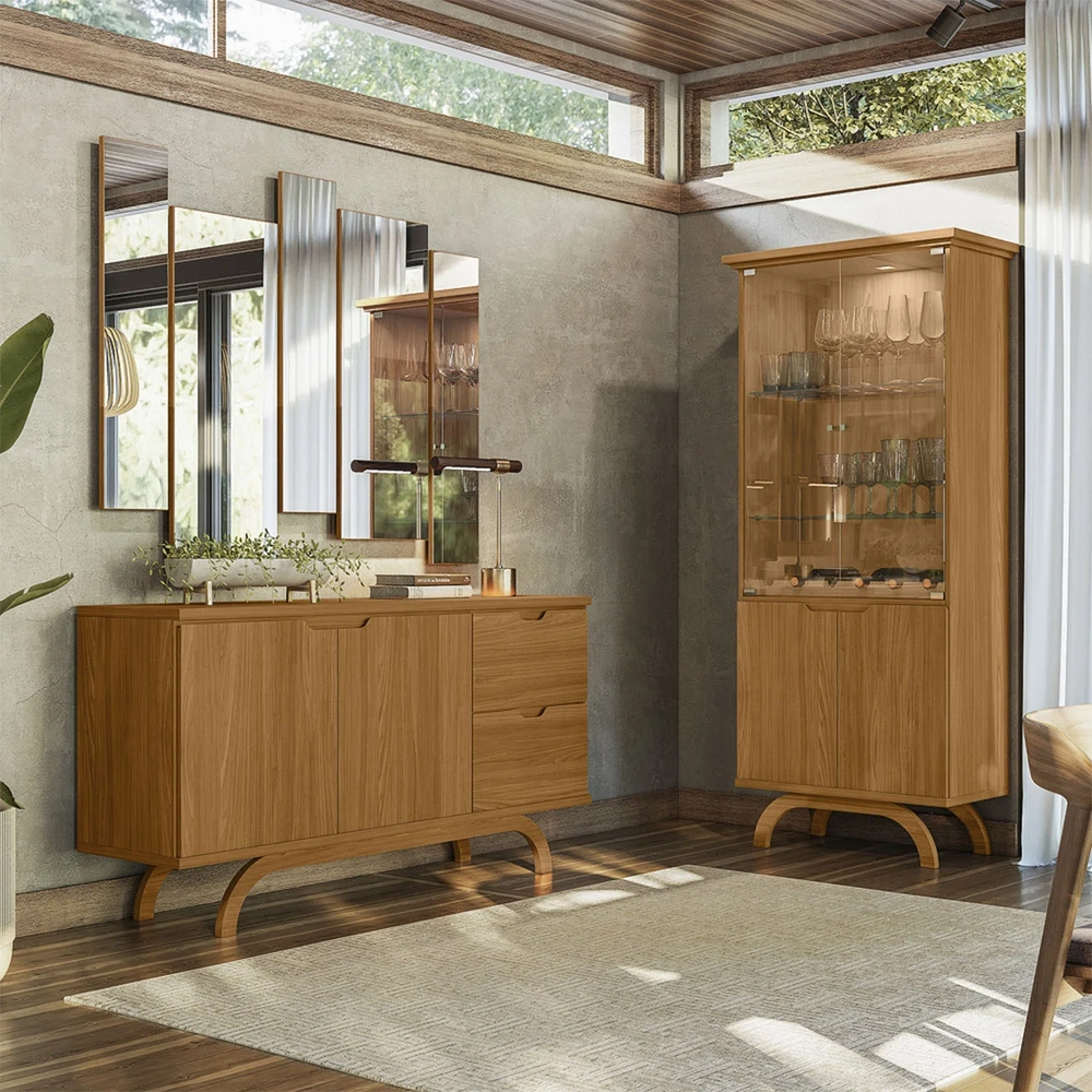 Buffet Aparador Com Cristaleira e Espelho Vinci Ypê N02     - Mpozenato