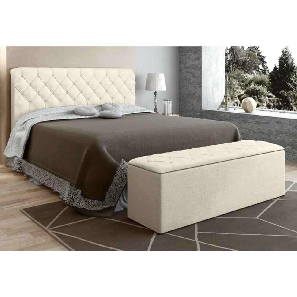 Cabeceira Cama Box Casal 140cm com Calçadeira Baú Paris Veludo Bege - JS Móveis