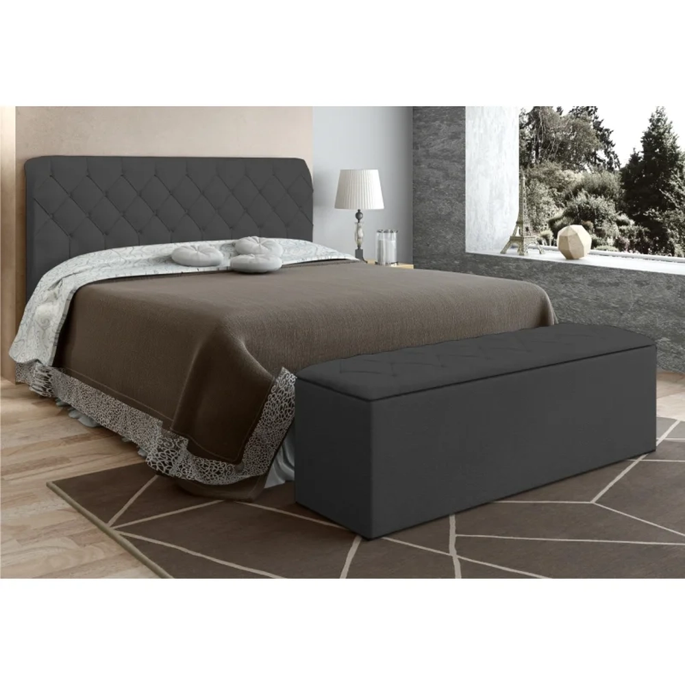 Cabeceira Cama Box Casal 140cm com Calçadeira Baú Paris Veludo Cinza - JS Móveis