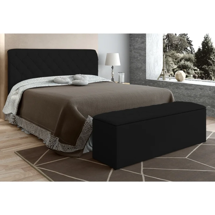 Cabeceira Cama Box Casal 140cm com Calçadeira Baú Paris Veludo Preto - JS Móveis