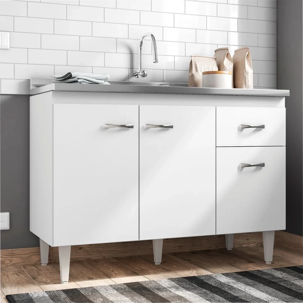 Balcão Gabinete Para Pia Sem Tampo 120cm 3 Portas e 1 Gaveta Flex Gabriela Branco/Preto - AJL Móveis