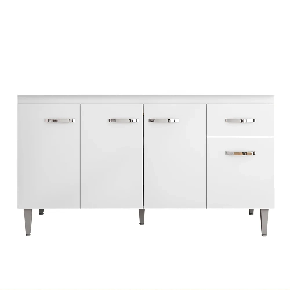 Balcão Gabinete Para Pia Sem Tampo 150cm 4 Portas e 1 Gaveta Flex Gabriela Branco/Preto - AJL Móveis