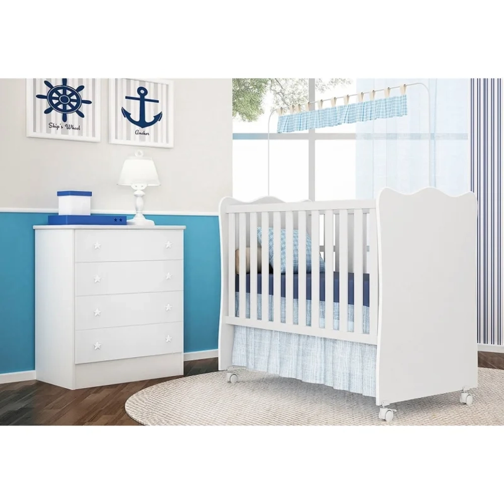 Berço Simples 130x60 e Cômoda 4 Gavetas Doce Sonho Branco - Qmovi