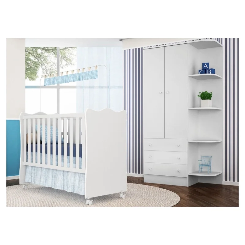 Berço Simples 130x60 e Guarda Roupa Doce Sonho Branco - Qmovi