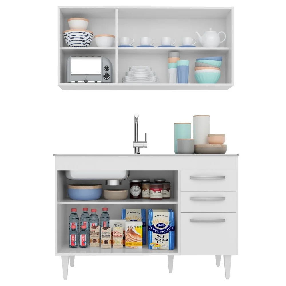 Armário Aéreo Honduras e Balcão Gabinete 120cm Suécia Branco - Lumil Móveis