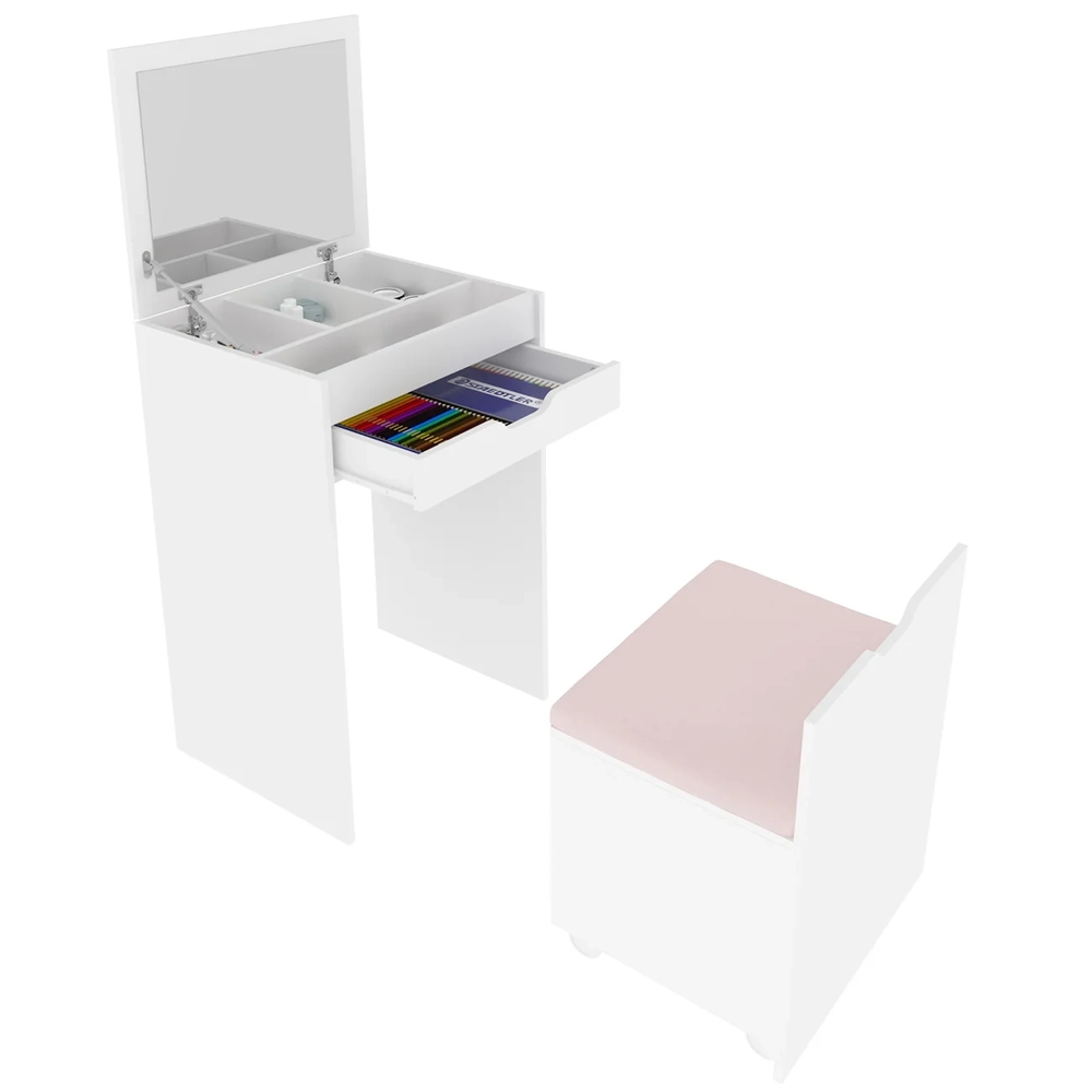 Penteadeira Com Espelho e Puff Baú PE2007 Branco/Rosa 369 - Tecno Mobili