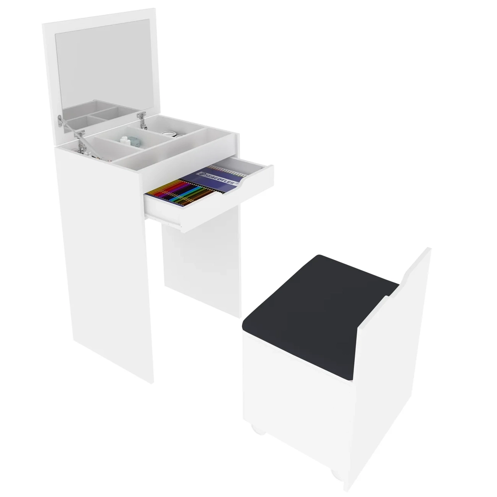 Penteadeira Com Espelho e Puff Baú PE2007 Branco/Preto 408 - Tecno Mobili