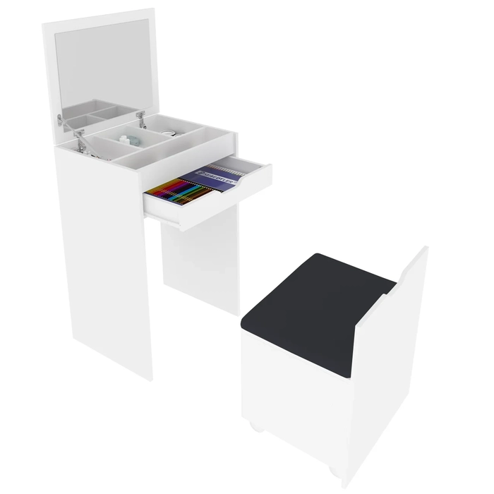 Penteadeira Com Espelho e Puff Baú PE2007 Branco/Preto 408 - Tecno Mobili