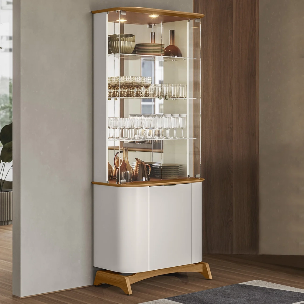 Cristaleira Porta de Vidro Com Espelho e LED Zuni Off/Ypê N02 - Mpozenato