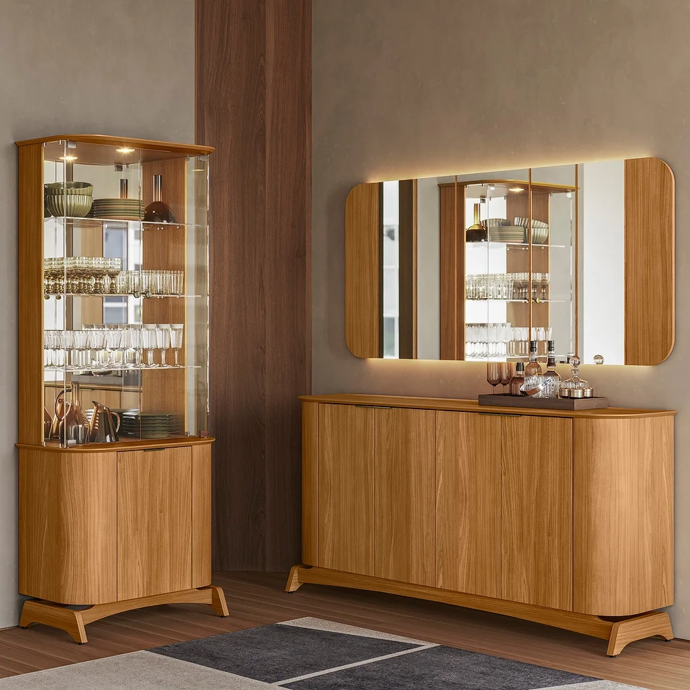 Buffet Aparador Cristaleira e Espelho Com LED Zuni Ypê N02  - Mpozenato