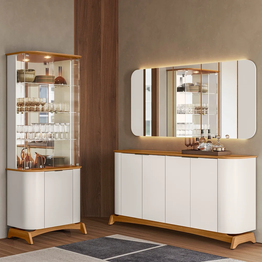 Buffet Aparador Cristaleira e Espelho Com LED Zuni Off/Ypê N02 - Mpozenato