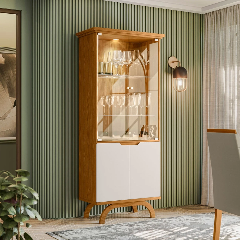 Cristaleira Porta de Vidro Com LED 71cm Vinci Ypê/Off White N02 - Mpozenato