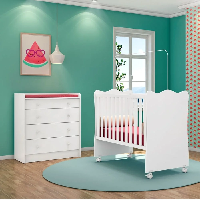 Berço Simples 130x60 e Cômoda 64cm Doce Sonho Branco - Qmovi