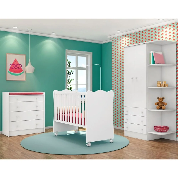 Berço 130x60 Cômoda e Guarda Roupa Doce Sonho Branco - Qmovi