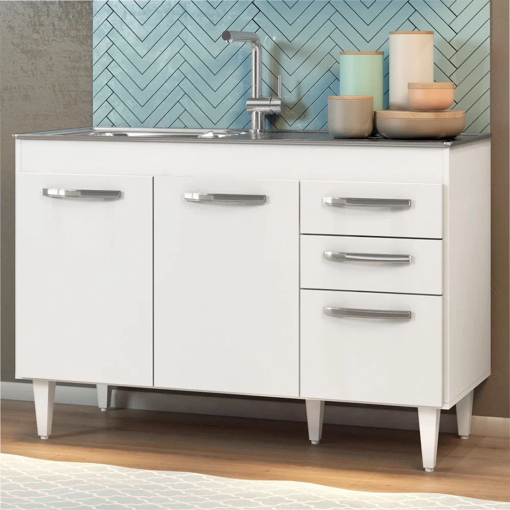 Balcão Gabinete Suécia com Pia Inox 120cm 3 Portas Branco - Lumil Móveis