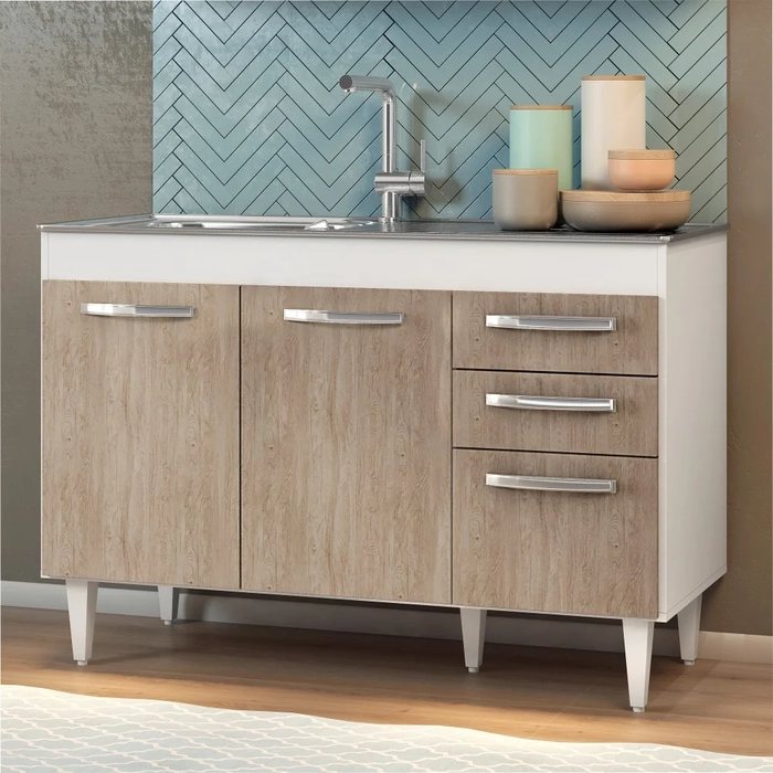 Balcão Gabinete Suécia com Pia Inox 120cm 3 Portas Branco/Castanho - Lumil Móveis