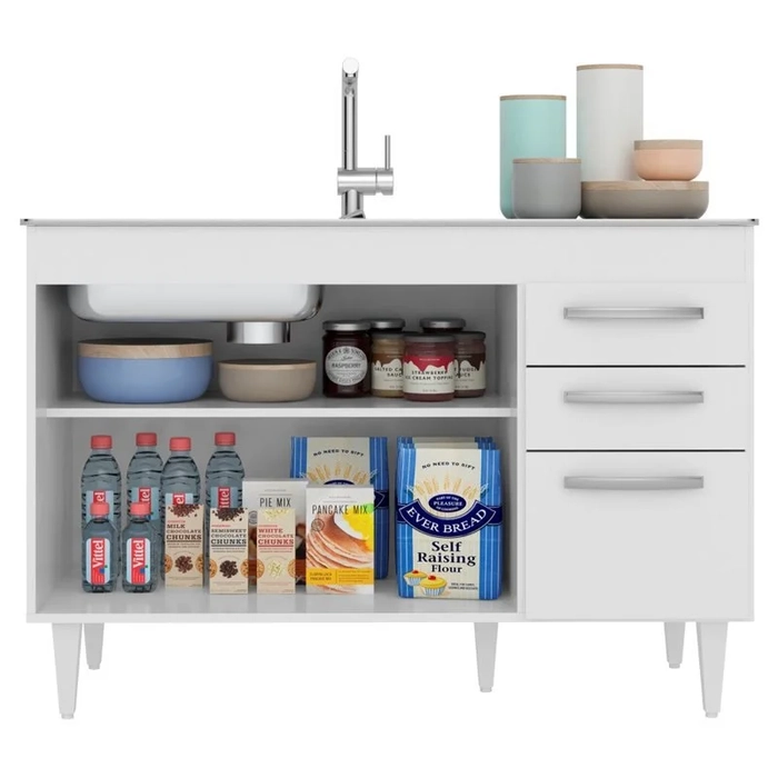 Balcão Gabinete Para Pia 120cm Suécia sem Tampo 3 Portas 2 Gavetas Branco/Castanho - Lumil Móveis