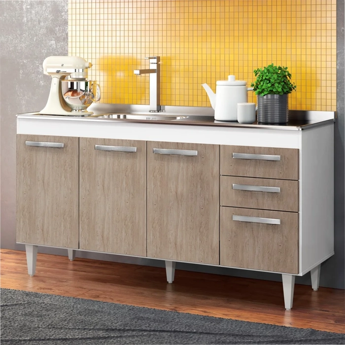 Balcão Gabinete com Pia Inox 150cm Lisboa Branco/Castanho - Lumil Móveis