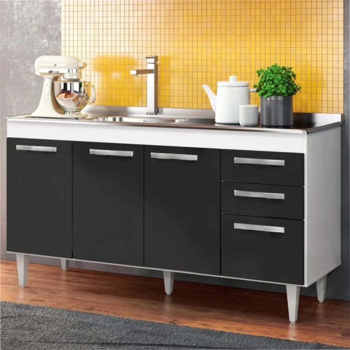 Balcão Gabinete Lisboa com Pia Inox 150cm 4 Portas Branco/Preto - Lumil Móveis