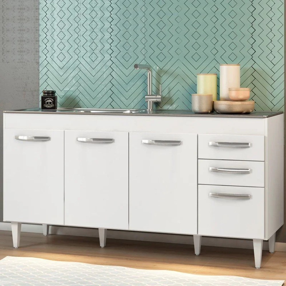 Balcão Gabinete Áustria com Pia Inox 160cm 4 Portas Branco - Lumil Móveis