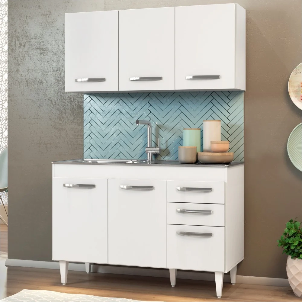 Armário Aéreo Honduras e Balcão Gabinete Suécia com Pia Inox 120cm Branco - Lumil Móveis