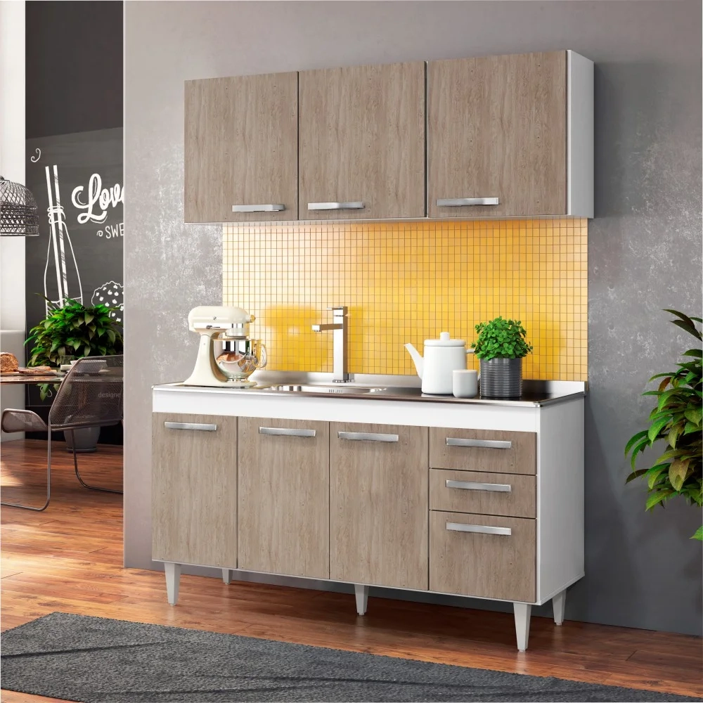 Armário Aéreo Parma e Balcão Gabinete Lisboa com Pia Inox 150cm Branco/Castanho - Lumil Móveis