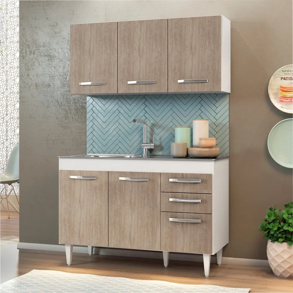 Armário Aéreo Honduras e Balcão Gabinete Suécia com Pia Inox 120cm Branco/Castanho - Lumil Móveis