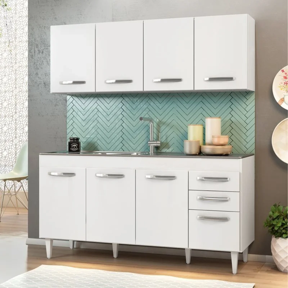 Armário Aéreo Panamá e Balcão Gabinete Áustria com Pia Inox 160cm Branco - Lumil Móveis