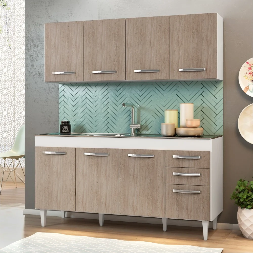 Armário Aéreo Panamá e Balcão Gabinete Áustria com Pia Inox 160cm Branco/Castanho - Lumil Móveis