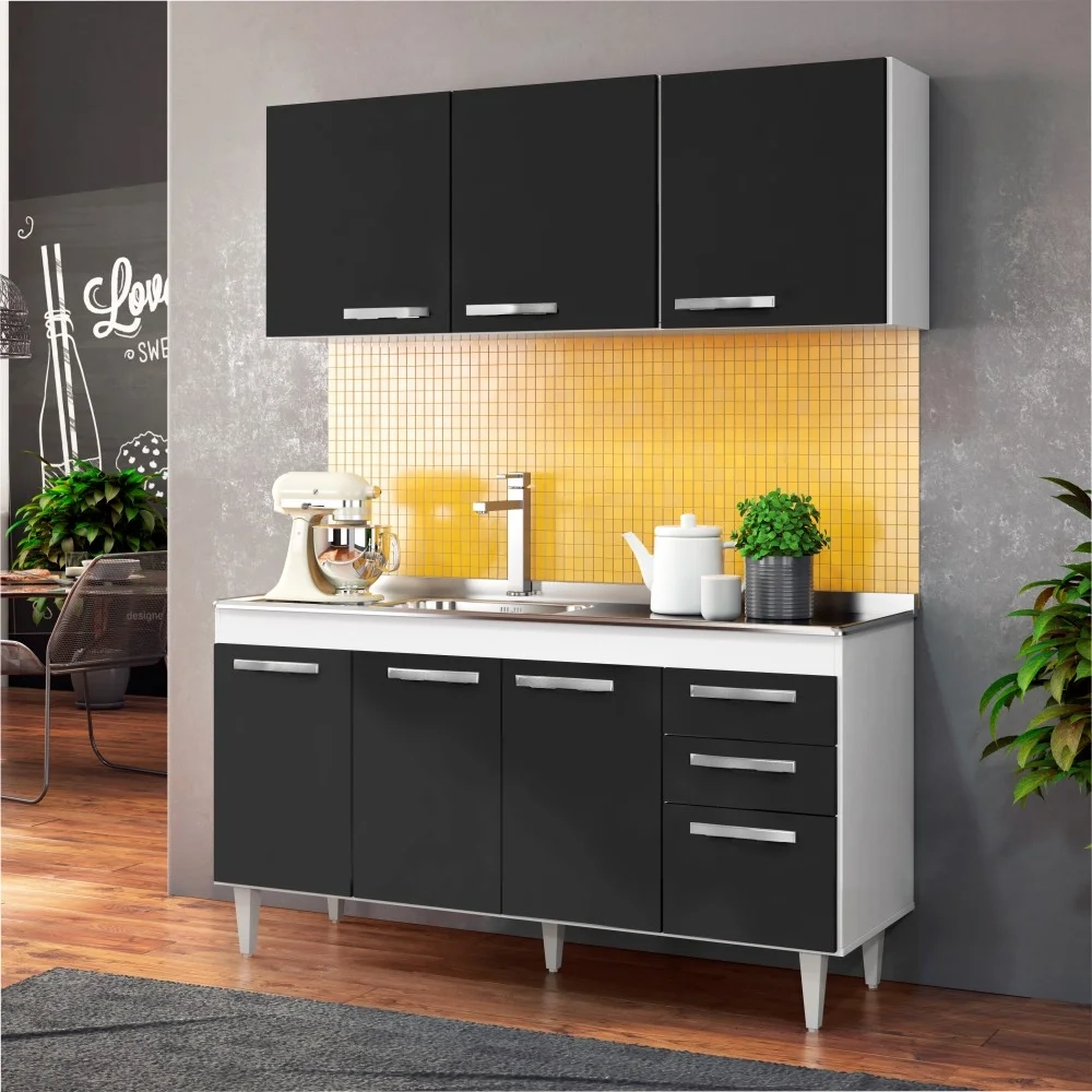 Armário Aéreo Parma e Balcão Gabinete Lisboa com Pia Inox 150cm Branco/Preto - Lumil Móveis