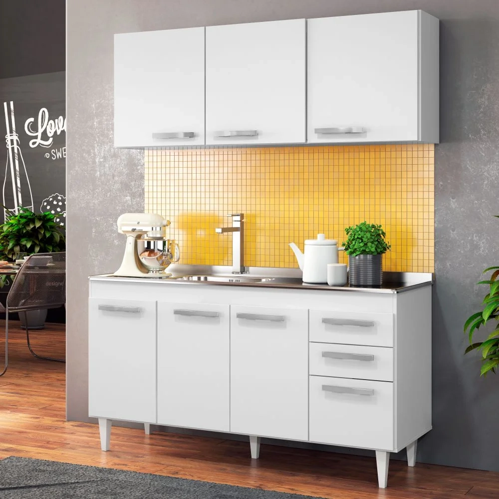 Armário Aéreo Parma e Balcão Gabinete Para Pia 150cm Lisboa Branco - Lumil Móveis