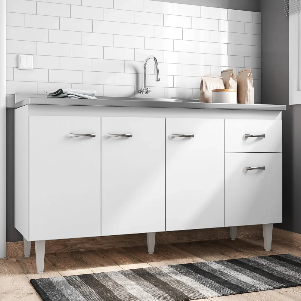 Balcão Gabinete Com Pia Inox 150cm 4 Portas Gabriela Branco/Preto - AJL Móveis