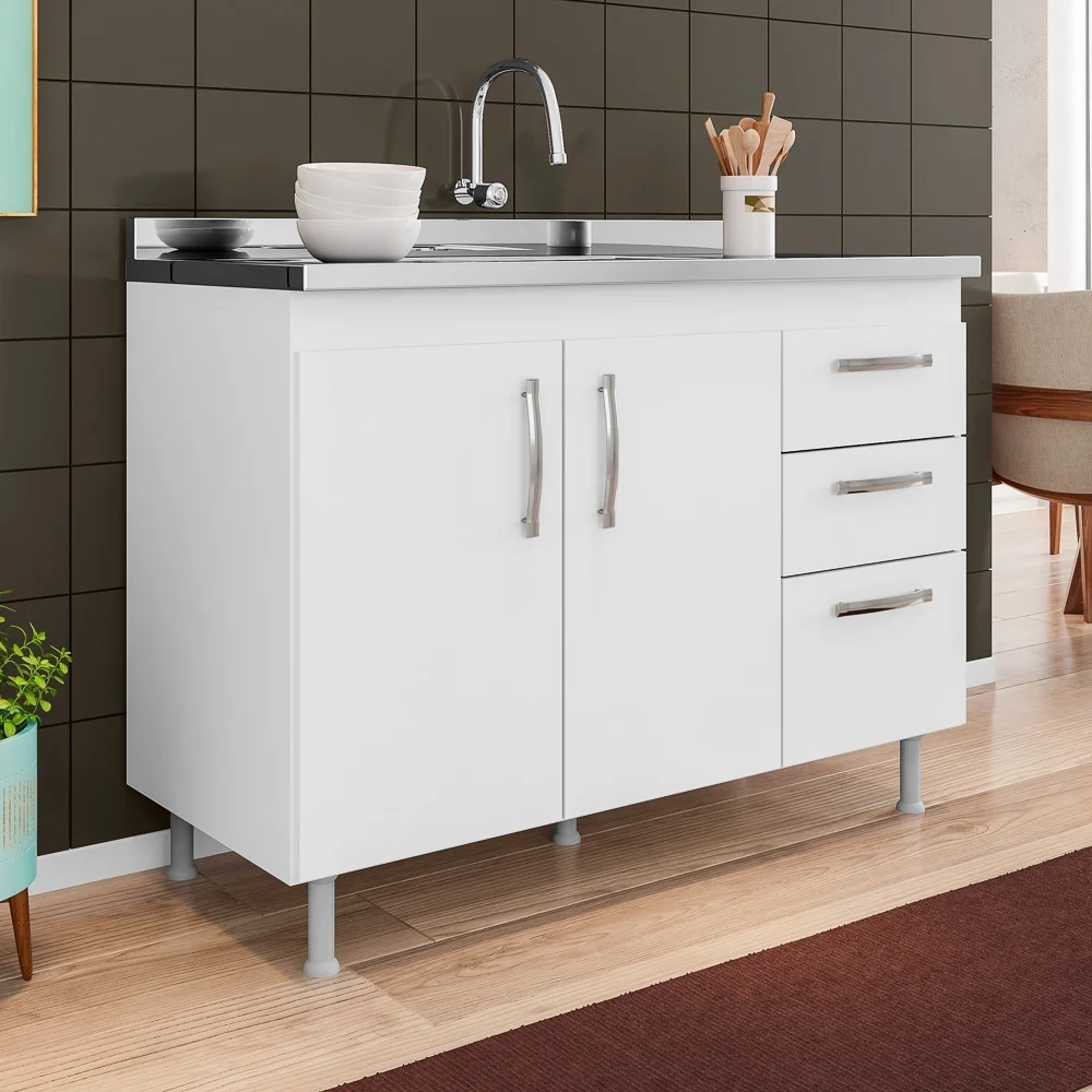 Balcão Gabinete Nathan com Pia Inox 120cm 2 Portas Branco - Nathy Móveis