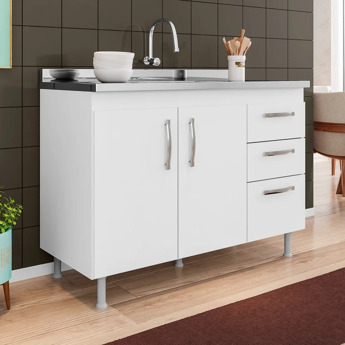 Balcão Gabinete Nathan com Pia Inox 120cm 2 Portas Branco - Nathy Móveis