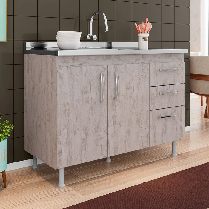 Balcão Gabinete Nathan com Pia Inox 120cm 2 Portas Rústico - Nathy Móveis