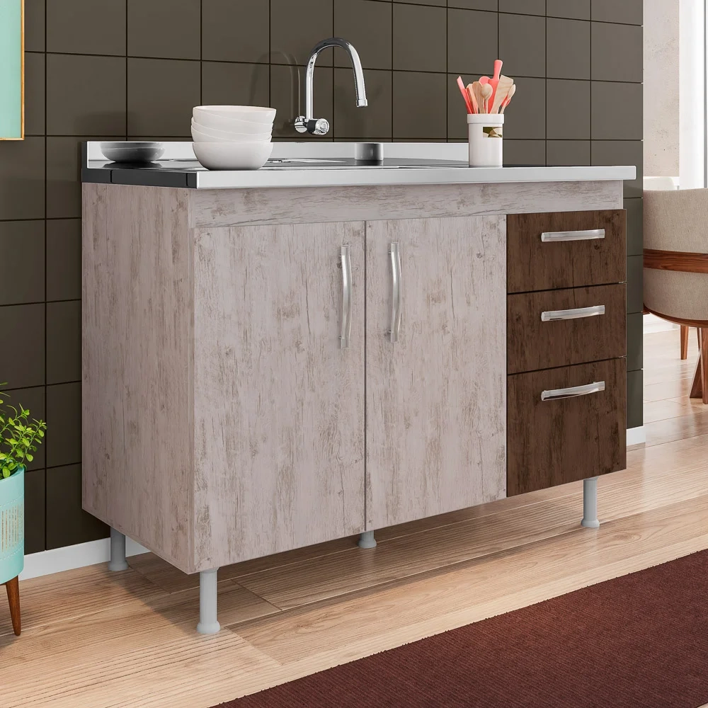 Balcão Gabinete Nathan com Pia Inox 120cm 2 Portas Rústico/Chocolate - Nathy Móveis