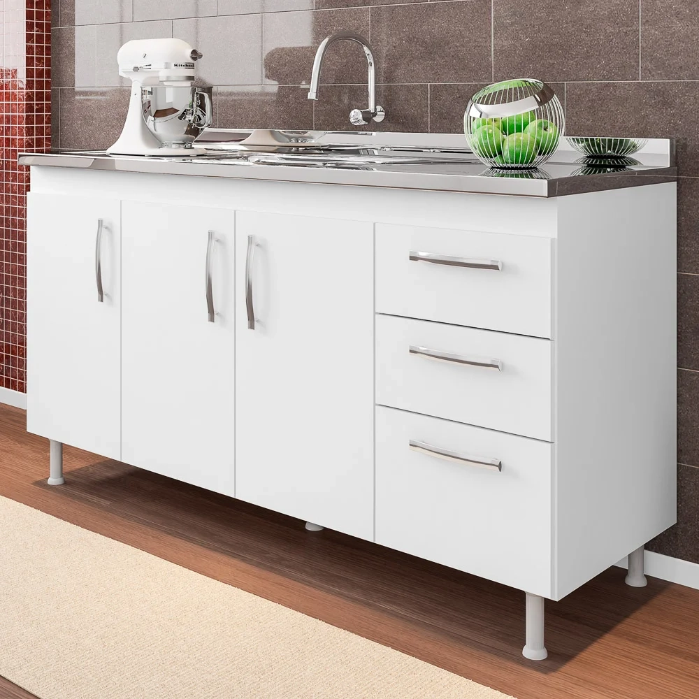 Balcão Gabinete Nathan com Pia Inox 160cm 3 Portas Branco - Nathy Móveis