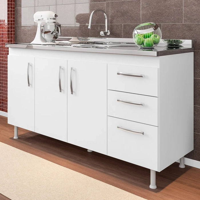 Balcão Gabinete Nathan com Pia Inox 160cm 3 Portas Branco - Nathy Móveis