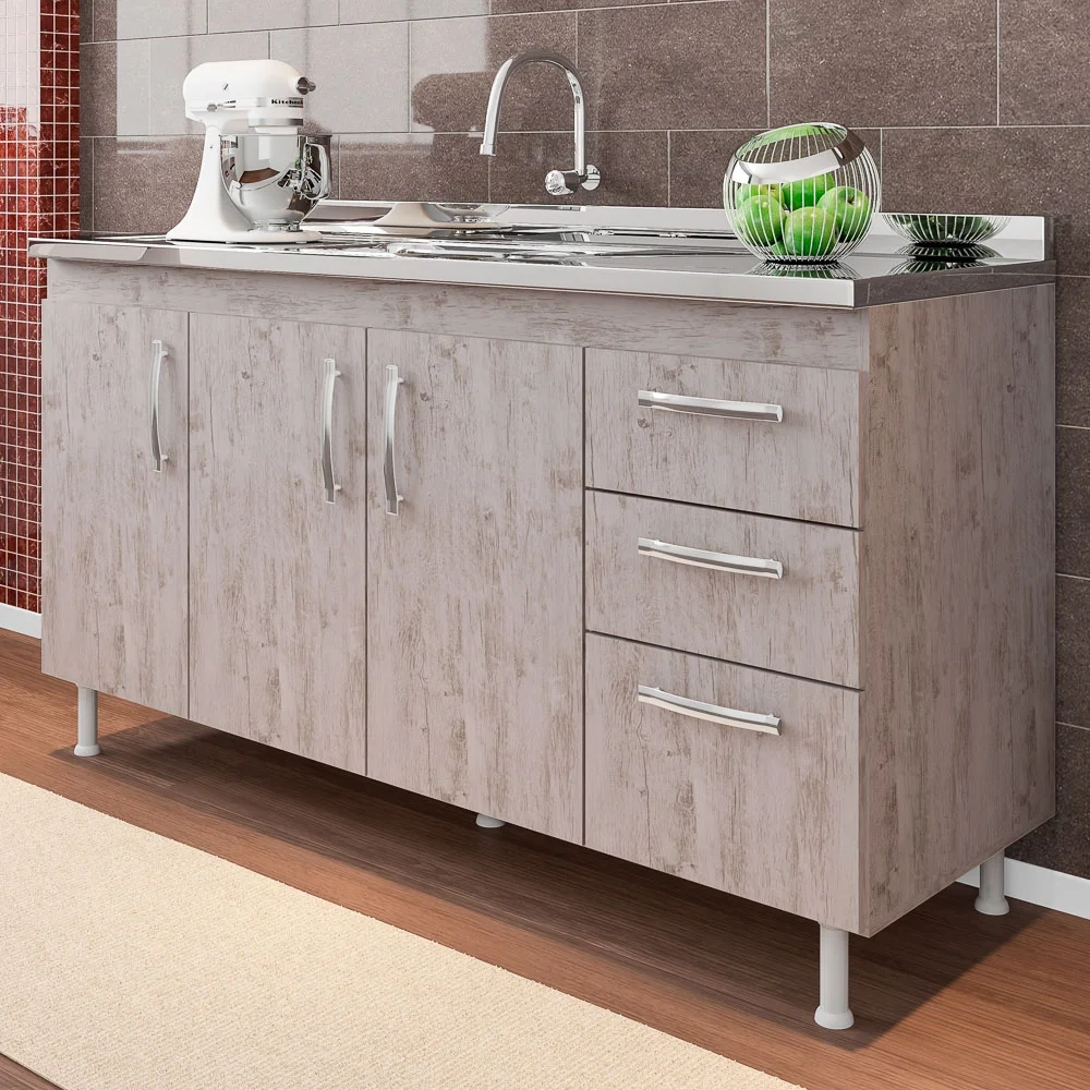 Balcão Gabinete Nathan com Pia Inox 160cm 3 Portas Rústico - Nathy Móveis