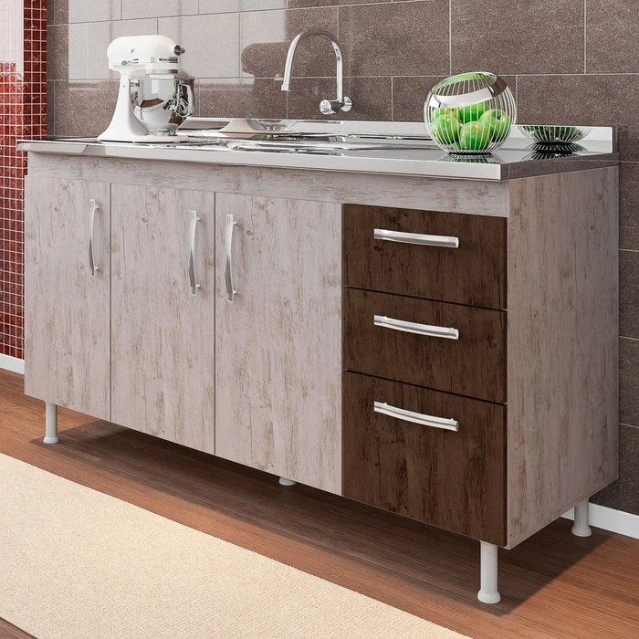 Balcão Gabinete Nathan com Pia Inox 160cm 3 Portas Rústico/Chocolate - Nathy Móveis