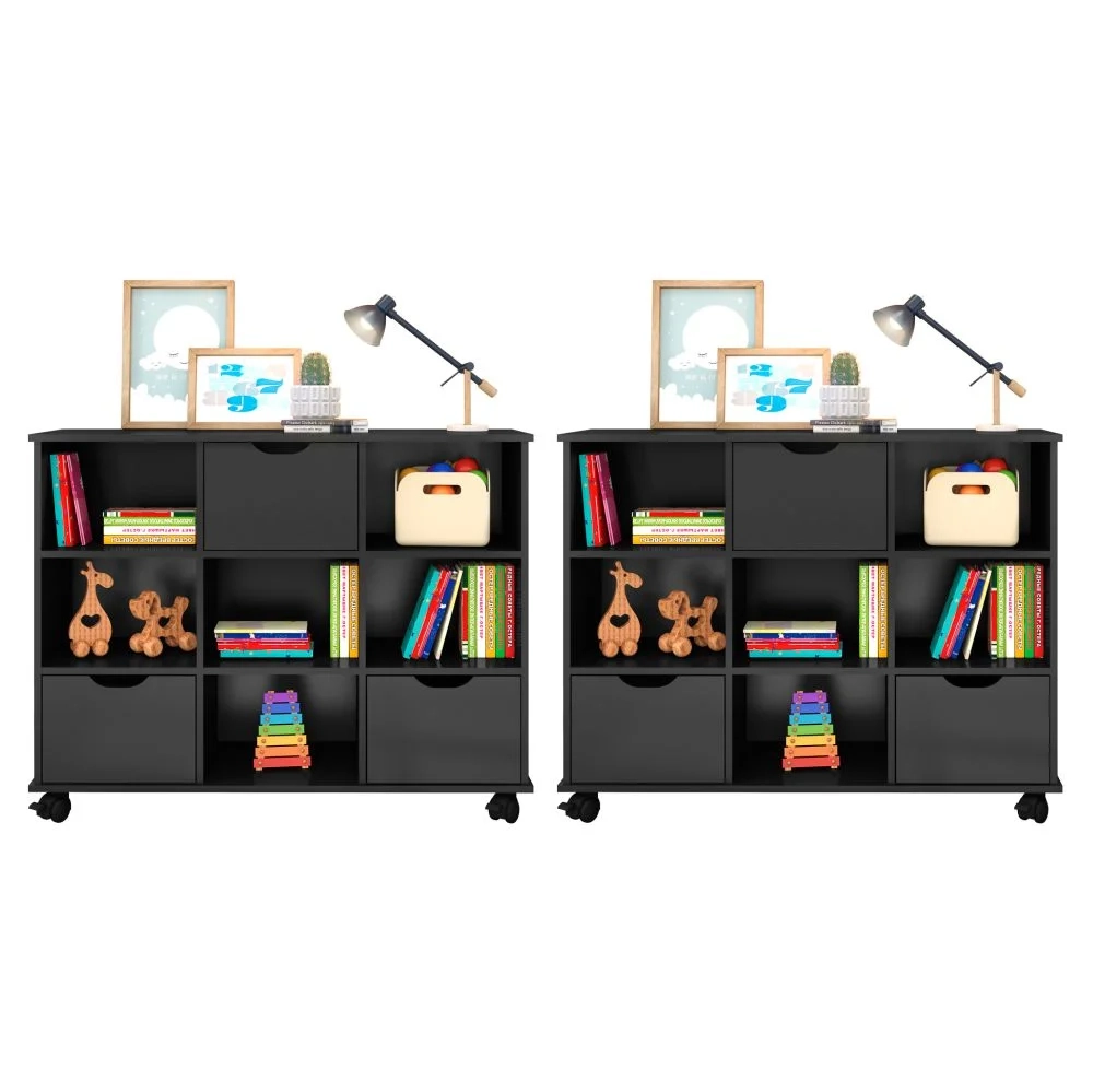 Kit 2 Nichos Organizadores 3 Gavetas com Rodízios Preto - Qmovi