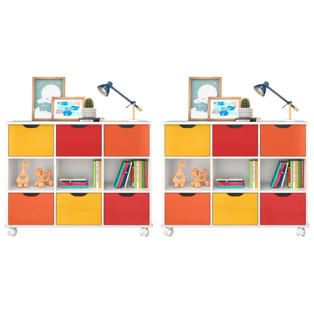 Kit 2 Nichos Organizadores 6 Gavetas com Rodízios Branco/Colorido - Qmovi
