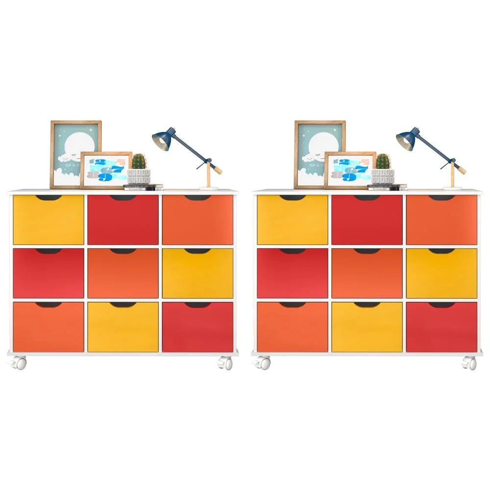 Kit 2 Nichos Organizadores 9 Gavetas com Rodízios Branco/Colorido - Qmovi