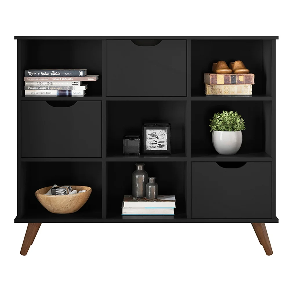Nicho Organizador Multifuncional 6 Nichos 3 Gavetas Pés Retrô Cube Q01 Preto - Mpozenato