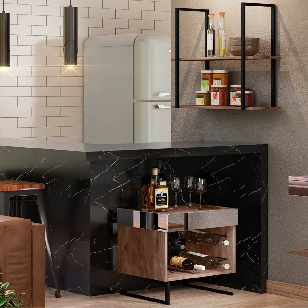 Conjunto Adega Espelhada 6 Garrafas e Prateleira Suspensa Estilo Industrial Loft D09 Demolição- Mpozenato