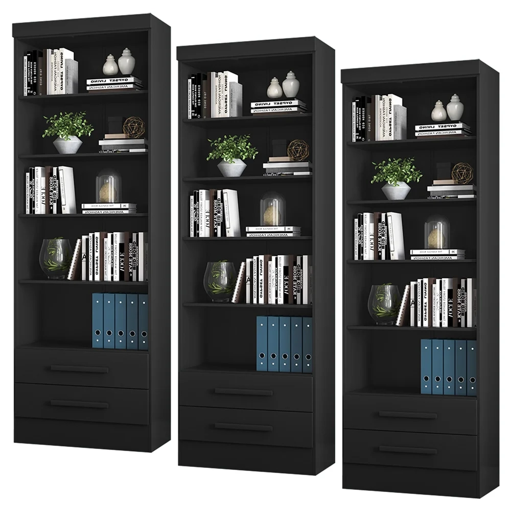 Kit 3 Estantes Livreiro 2 Gavetas e 5 Prateleiras Fancy Q01 Preto Fosco - Mpozenato