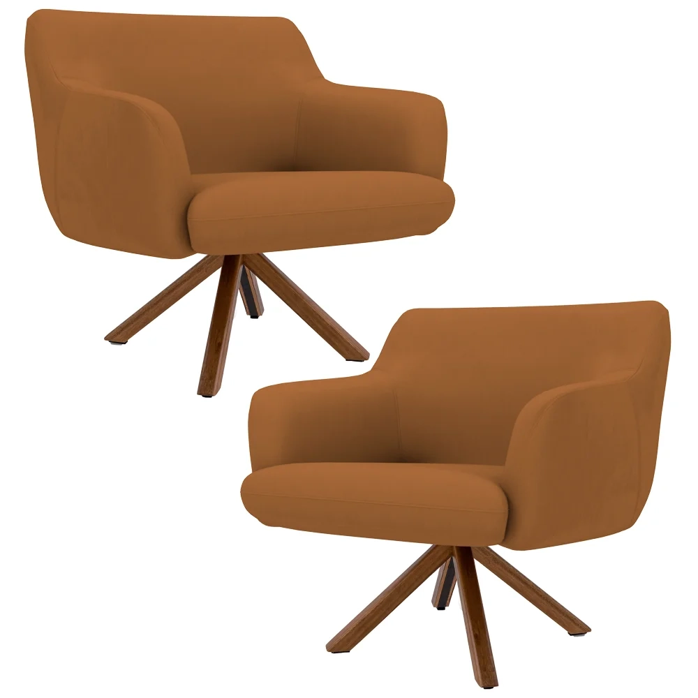Kit 2 Poltronas Decorativas Giratórias Base Giromad Madeira Jade Veludo C-262 Telha - Domi