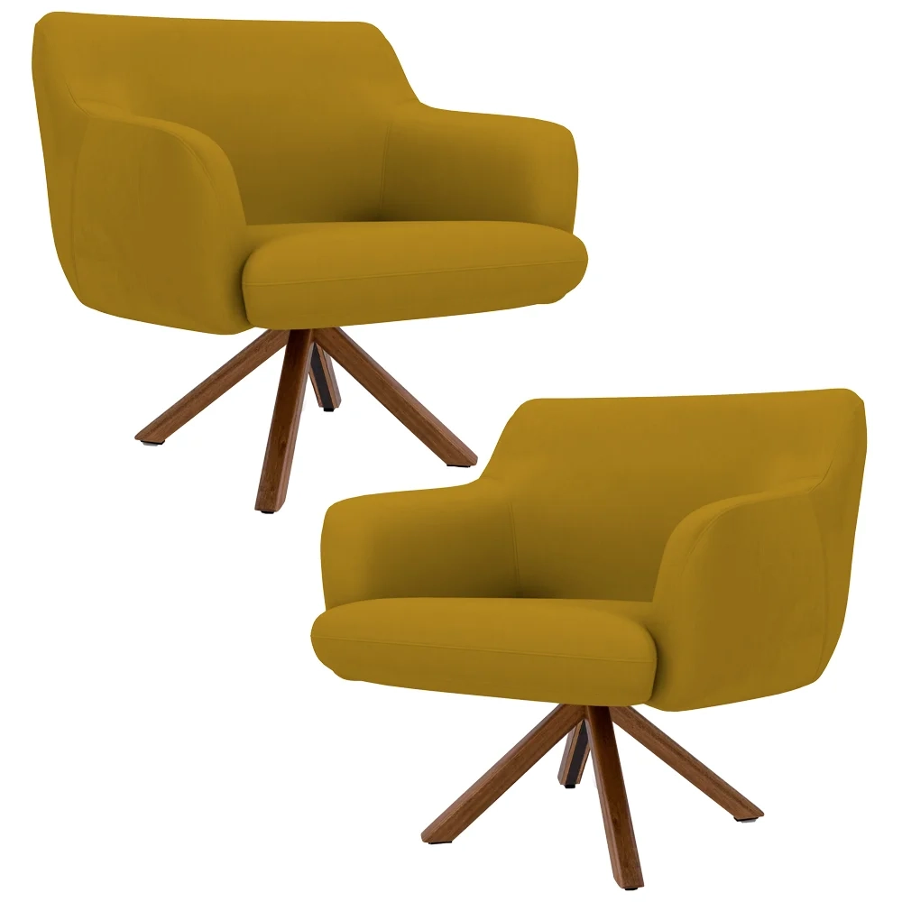 Kit 2 Poltronas Decorativas Giratórias Base Giromad Madeira Jade Veludo C-279 Mostarda - Domi