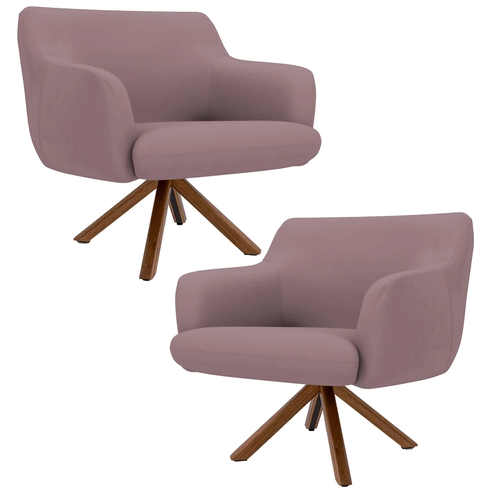 Kit 2 Poltronas Decorativas Giratórias Base Giromad Madeira Jade Veludo C-305 Rosê - Domi
