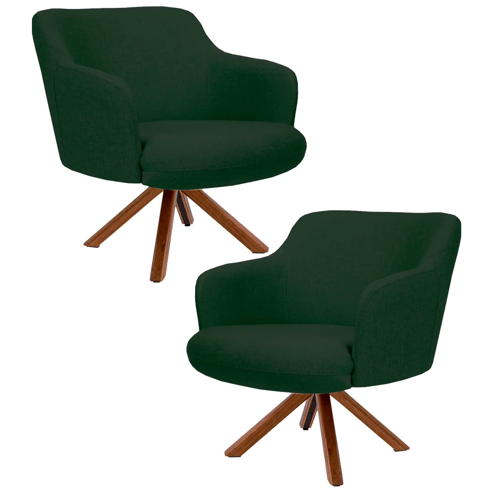 Kit 2 Poltronas Decorativas Giratórias Base Giromad Madeira Jade C-117 Linho Verde Musgo - Domi